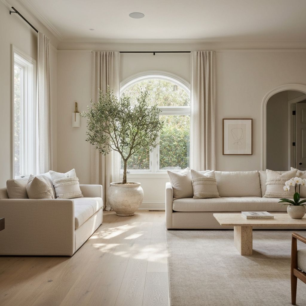 Sunlit living room of a beautifully renovated private residence with cream linen sofas and an arched window