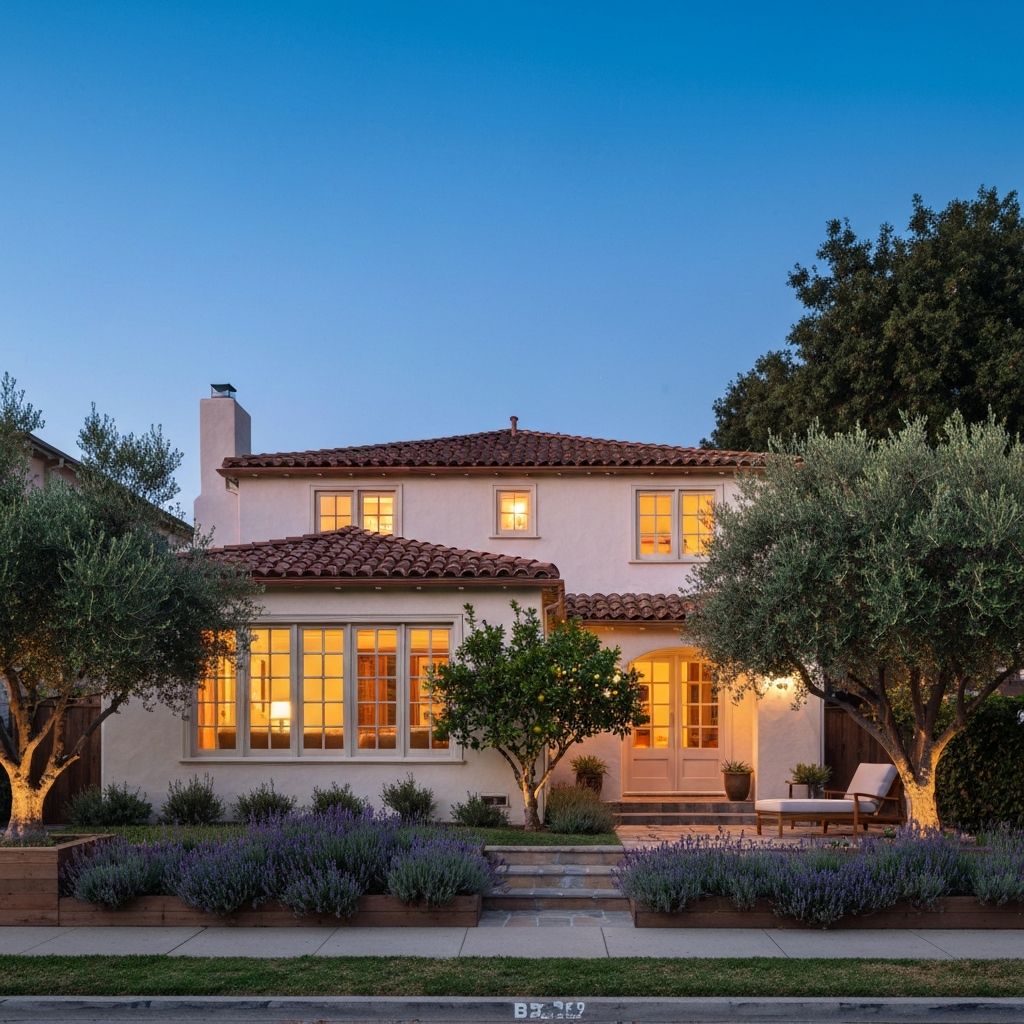 Twilight exterior of a private Los Angeles residence with warm window light, olive trees, and a small front patio