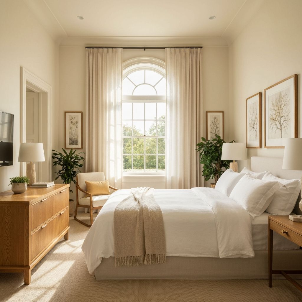 Private guest suite with white linens, oak furniture, and a sunlit arched window