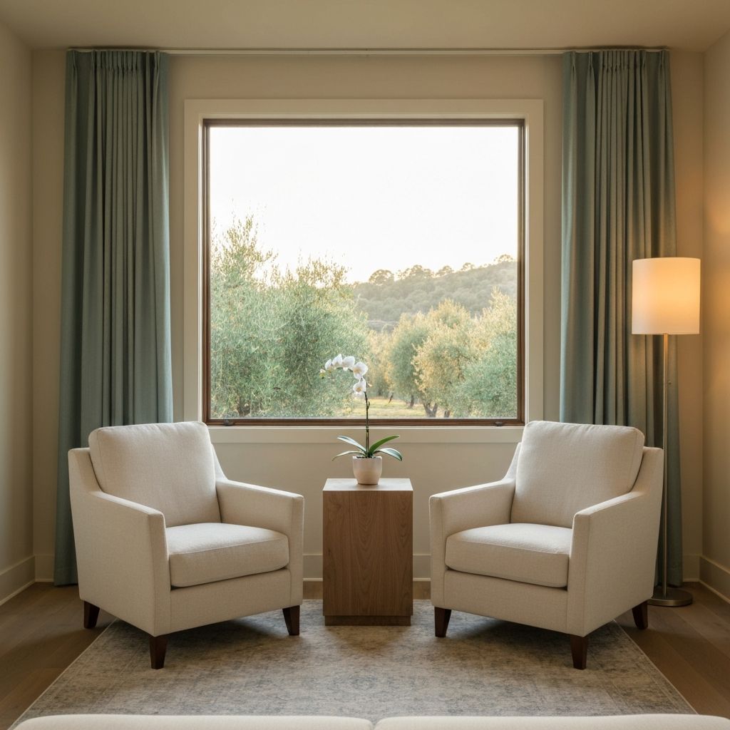 Sunlit therapy room with linen chairs and oak side table holding a single white orchid
